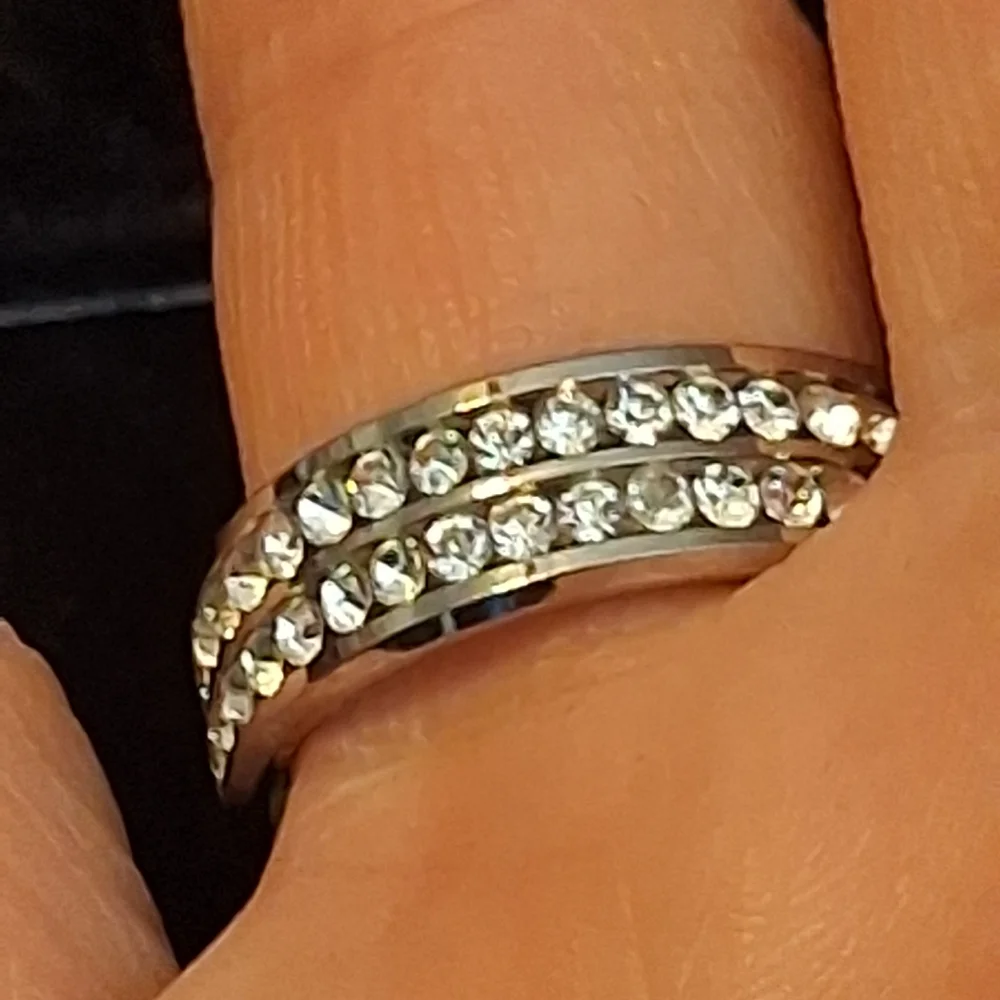 Silvertone Cigar Band Ring With Faux Diamonds Size 11 3/4